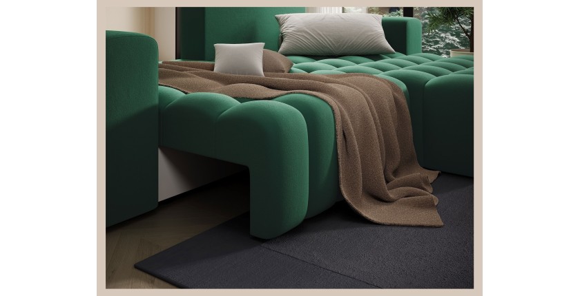 Canapé d’angle convertible DORY vert foncé 250 cm avec coffre de rangement angle droit 