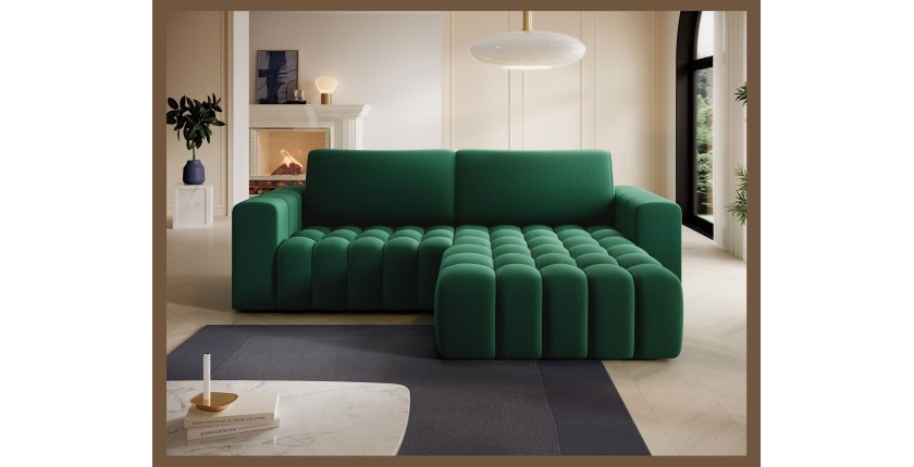 Canapé d’angle convertible DORY vert foncé 250 cm avec coffre de rangement angle droit 