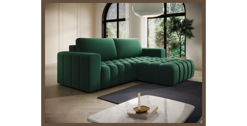 Canapé d’angle convertible DORY vert foncé 250 cm avec coffre de rangement angle droit 