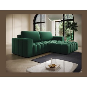 Canapé d’angle convertible DORY vert foncé 250 cm avec coffre de rangement angle droit 
