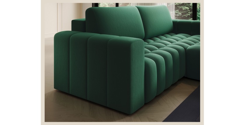 Canapé d’angle convertible DORY vert foncé 250 cm avec coffre de rangement angle droit 