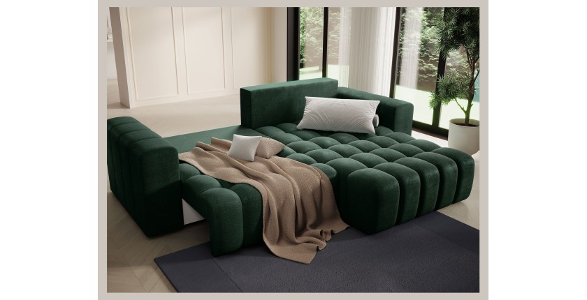 Canapé d’angle convertible DORY vert foncé 250 cm avec coffre de rangement angle droit 