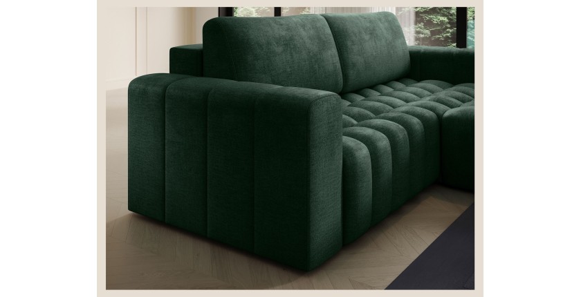 Canapé d’angle convertible DORY vert foncé 250 cm avec coffre de rangement angle droit 