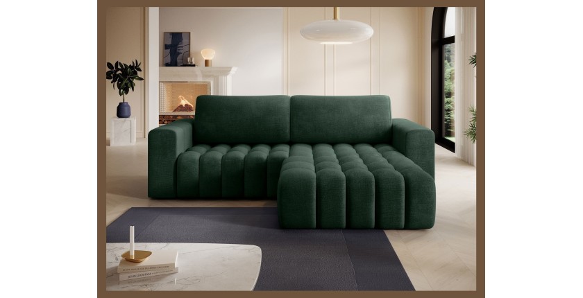 Canapé d’angle convertible DORY vert foncé 250 cm avec coffre de rangement angle droit 