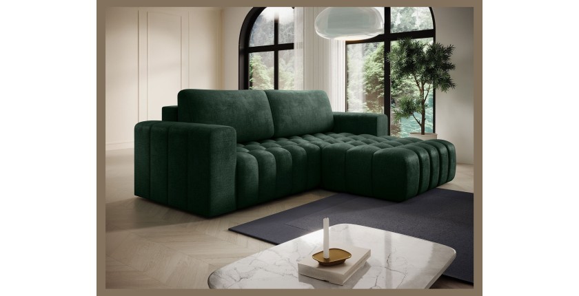 Canapé d’angle convertible DORY vert foncé 250 cm avec coffre de rangement angle droit 