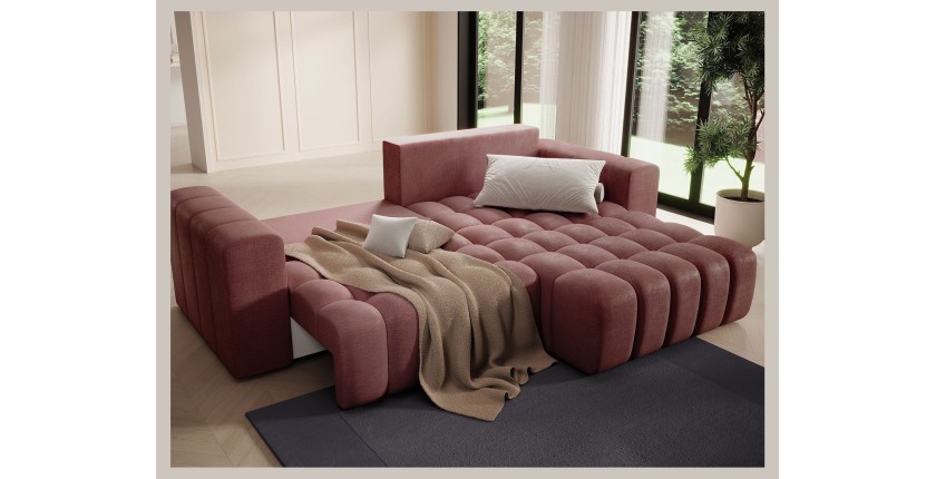 Canapé d’angle convertible DORY rose 250 cm avec coffre de rangement angle droit 