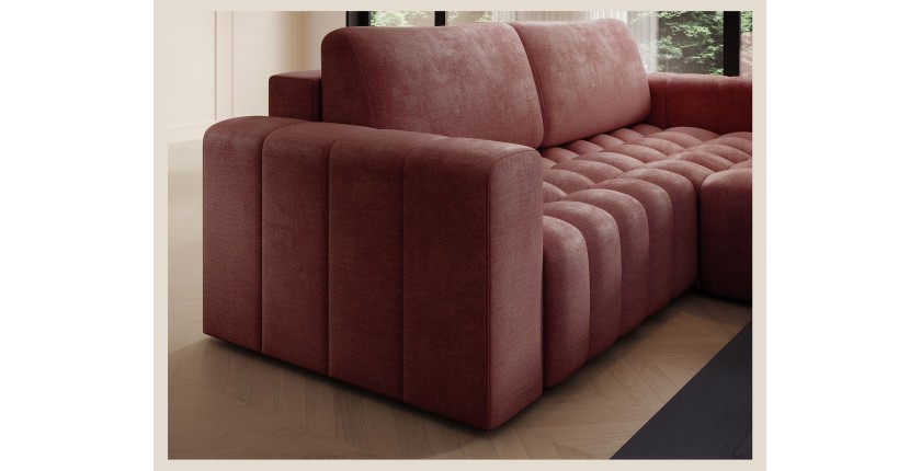 Canapé d’angle convertible DORY rose 250 cm avec coffre de rangement angle droit 