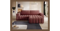 Canapé d’angle convertible DORY rose 250 cm avec coffre de rangement angle droit 