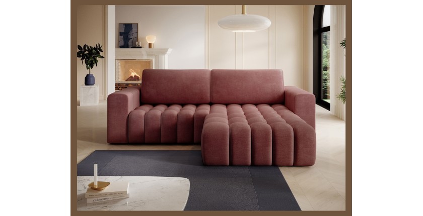 Canapé d’angle convertible DORY rose 250 cm avec coffre de rangement angle droit 