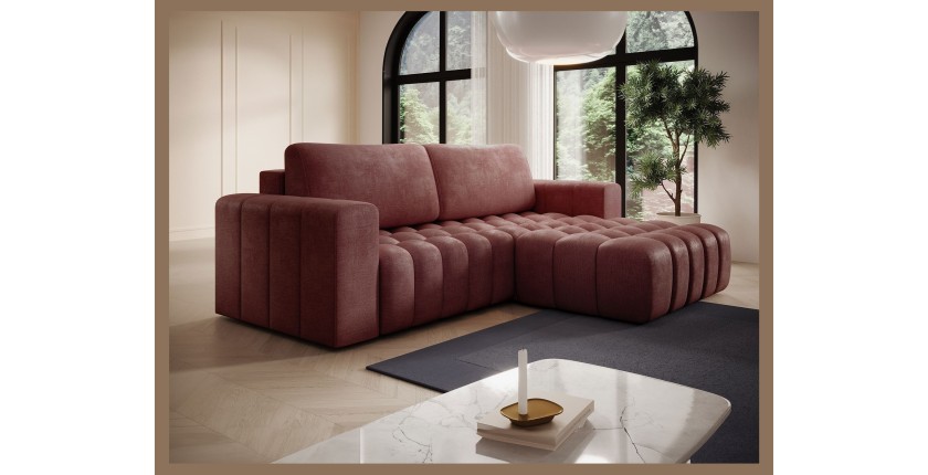 Canapé d’angle convertible DORY rose 250 cm avec coffre de rangement angle droit 