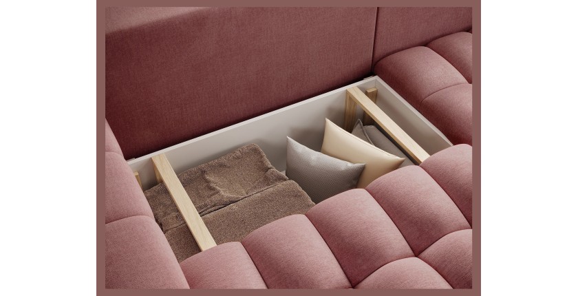 Canapé d’angle convertible DORY rose 250 cm avec coffre de rangement angle droit 