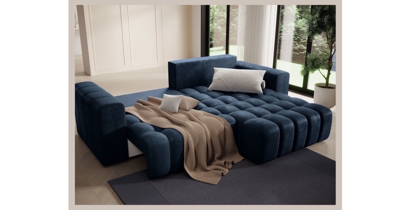 Canapé d’angle convertible DORY bleu foncé 250 cm avec coffre de rangement angle droit 