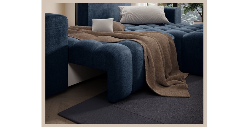Canapé d’angle convertible DORY bleu foncé 250 cm avec coffre de rangement angle droit 