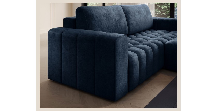 Canapé d’angle convertible DORY bleu foncé 250 cm avec coffre de rangement angle droit 