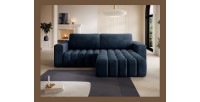 Canapé d’angle convertible DORY bleu foncé 250 cm avec coffre de rangement angle droit 