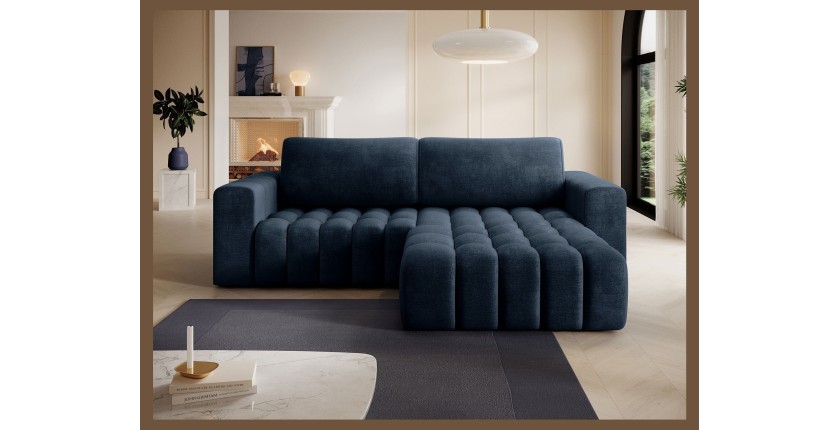 Canapé d’angle convertible DORY bleu foncé 250 cm avec coffre de rangement angle droit 