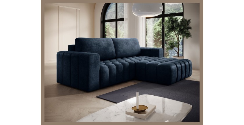 Canapé d’angle convertible DORY bleu foncé 250 cm avec coffre de rangement angle droit 