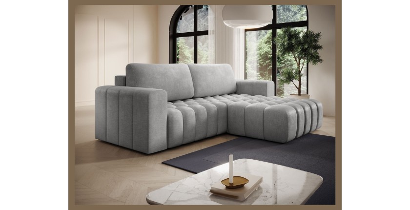 Canapé d’angle convertible DORY gris 250 cm avec coffre de rangement angle droit 