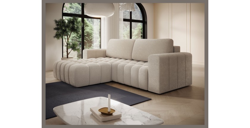 Canapé d’angle convertible DORY beige 250 cm avec coffre de rangement angle droit 