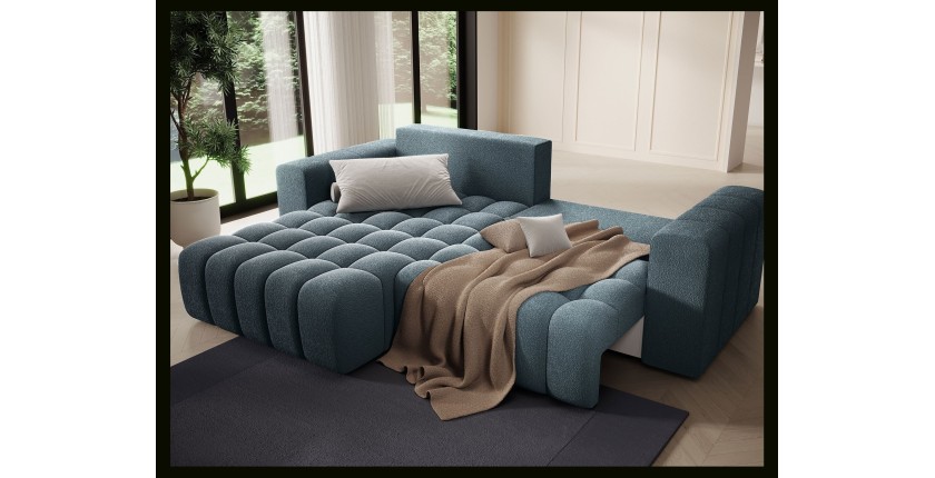 Canapé d’angle convertible DORY bleu nuit 250 cm avec coffre de rangement angle droit 