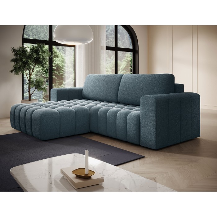 Canapé d’angle convertible DORY bleu nuit 250 cm avec coffre de rangement angle droit 