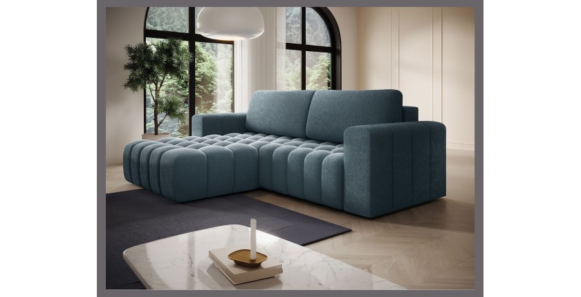 Canapé d’angle convertible DORY bleu nuit 250 cm avec coffre de rangement angle droit 