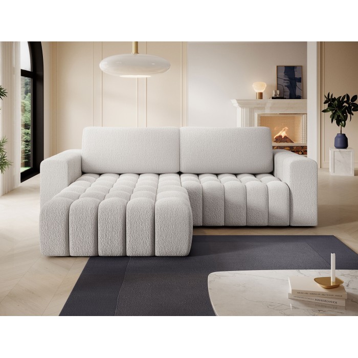 Canapé d’angle convertible DORY blanc 250 cm avec coffre de rangement angle droit 