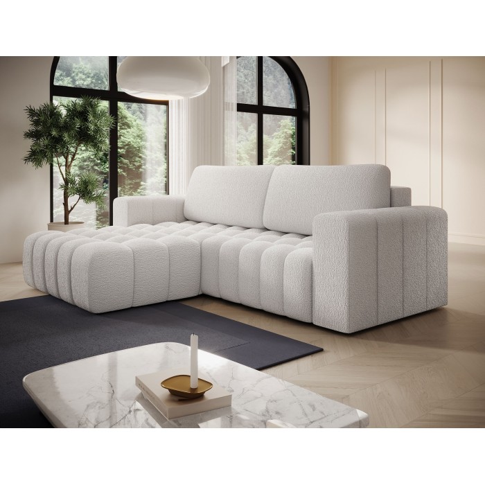 Canapé d’angle convertible DORY blanc 250 cm avec coffre de rangement angle droit 