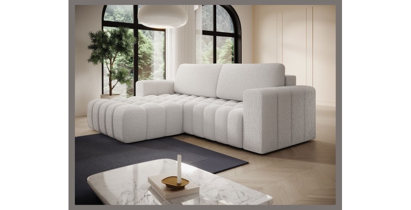 Canapé d’angle convertible DORY blanc 250 cm avec coffre de rangement angle droit 
