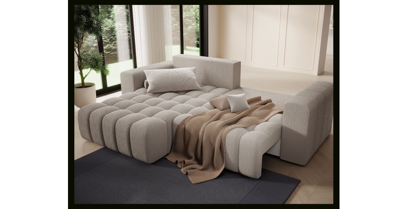 Canapé d’angle convertible DORY beige 250 cm avec coffre de rangement angle droit 
