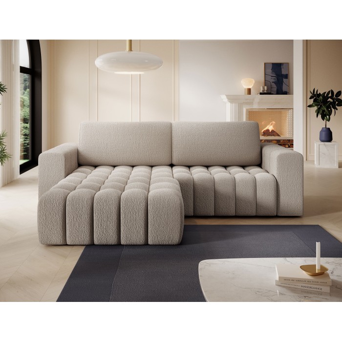 Canapé d’angle convertible DORY beige 250 cm avec coffre de rangement angle droit 