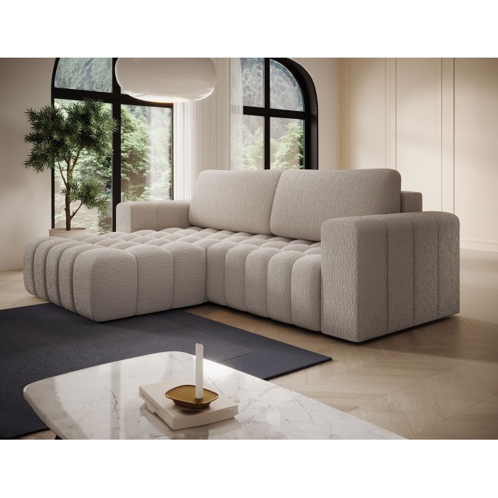 Canapé d’angle convertible DORY beige 250 cm avec coffre de rangement angle droit 