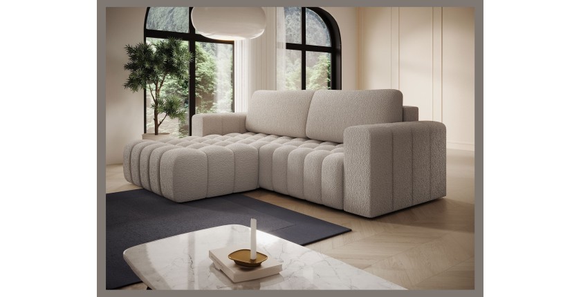 Canapé d’angle convertible DORY beige 250 cm avec coffre de rangement angle droit 