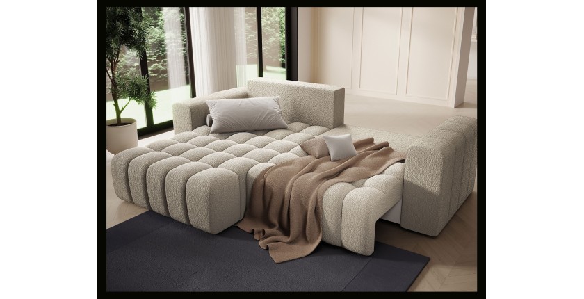 Canapé d’angle convertible DORY beige foncé 250 cm avec coffre de rangement angle droit 