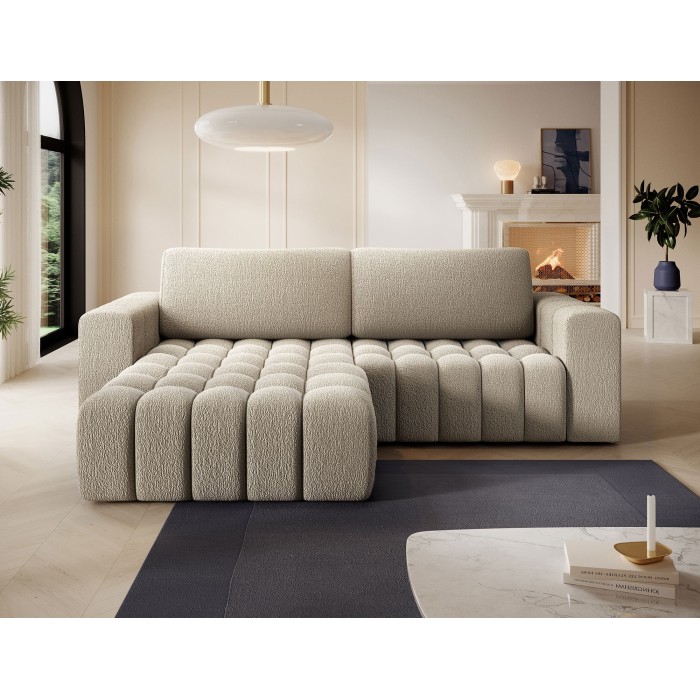 Canapé d’angle convertible DORY beige foncé 250 cm avec coffre de rangement angle droit 