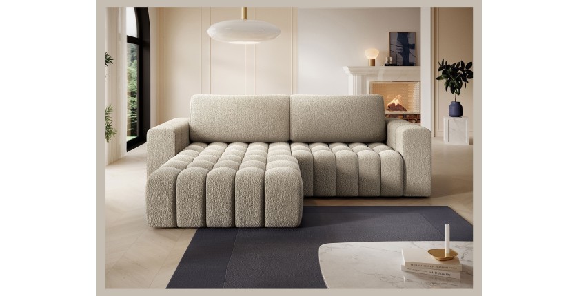 Canapé d’angle convertible DORY beige foncé 250 cm avec coffre de rangement angle droit 