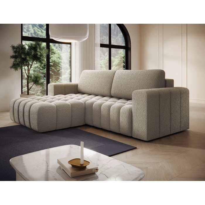 Canapé d’angle convertible DORY beige foncé 250 cm avec coffre de rangement angle droit 