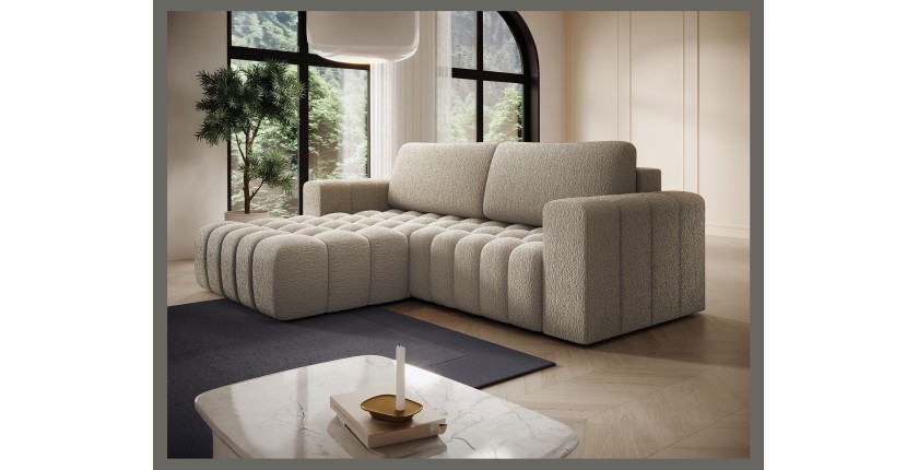 Canapé d’angle convertible DORY beige foncé 250 cm avec coffre de rangement angle droit 