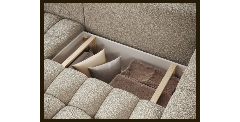 Canapé d’angle convertible DORY beige foncé 250 cm avec coffre de rangement angle droit 