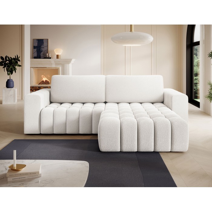 Canapé d’angle convertible DORY blanc 250 cm avec coffre de rangement angle droit 