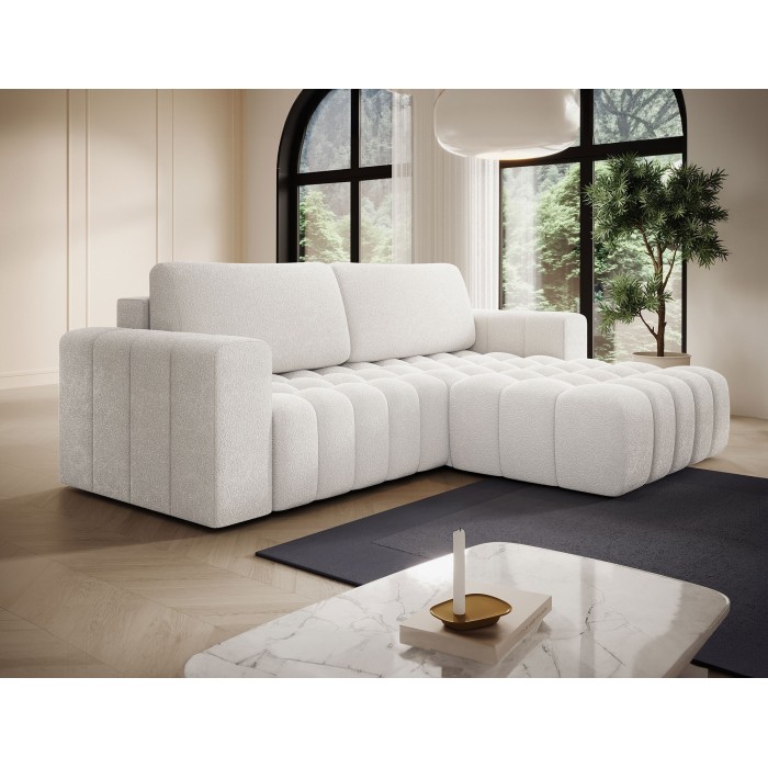 Canapé d’angle convertible DORY blanc 250 cm avec coffre de rangement angle droit 