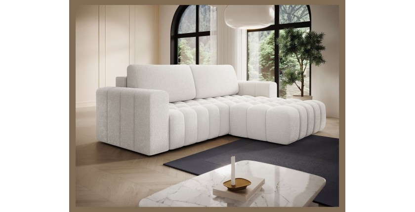 Canapé d’angle convertible DORY blanc 250 cm avec coffre de rangement angle droit 