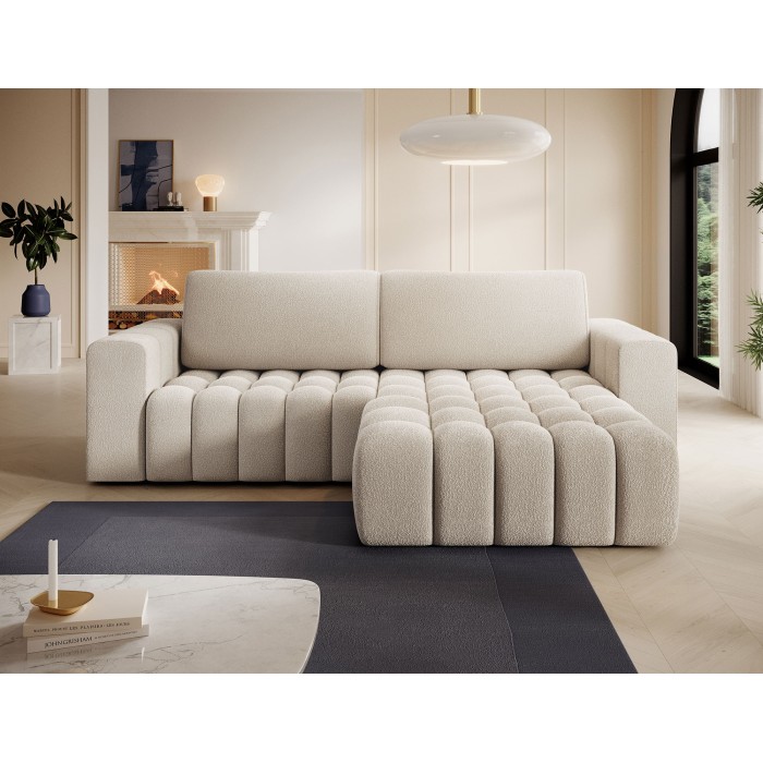 Canapé d’angle convertible DORY crème 250 cm avec coffre de rangement angle droit 