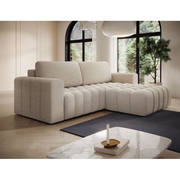 Canapé d’angle convertible DORY crème 250 cm avec coffre de rangement angle droit 