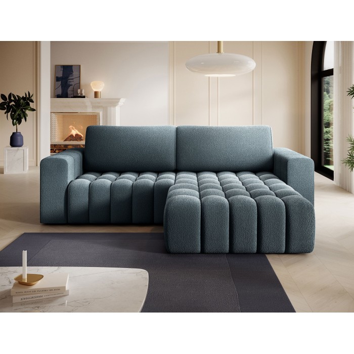 Canapé d’angle convertible DORY bleu nuit 250 cm avec coffre de rangement angle droit 
