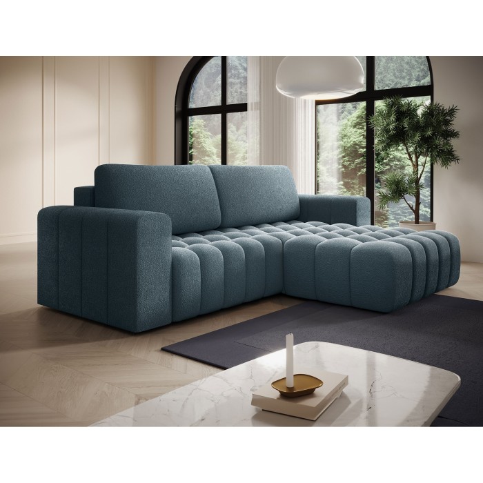 Canapé d’angle convertible DORY bleu nuit 250 cm avec coffre de rangement angle droit 