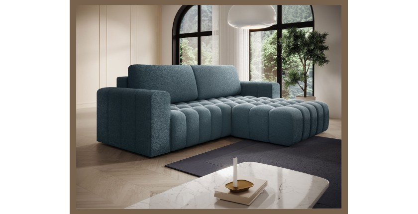 Canapé d’angle convertible DORY bleu nuit 250 cm avec coffre de rangement angle droit 