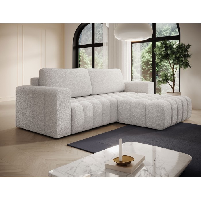 Canapé d’angle convertible DORY blanc 250 cm avec coffre de rangement angle droit 