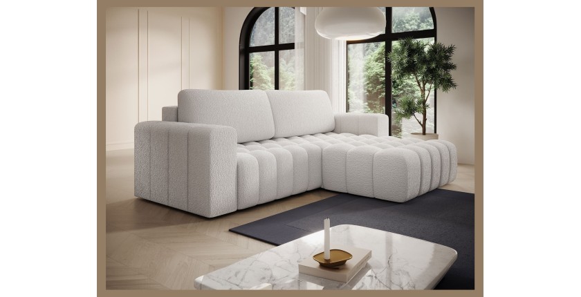 Canapé d’angle convertible DORY blanc 250 cm avec coffre de rangement angle droit 
