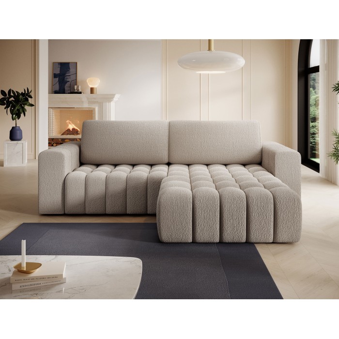 Canapé d’angle convertible DORY beige clair 250 cm avec coffre de rangement angle droit 